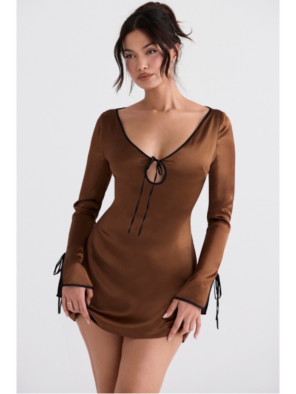 NWT House of CB Sakina Satin Mini Dress Copper Coffee SIZE M BROWN long sleeve